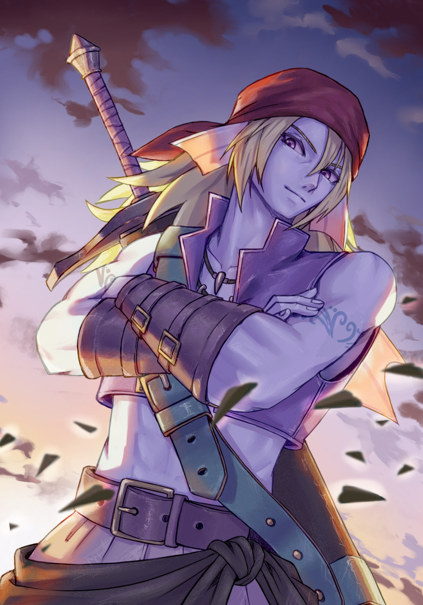 arm_tattoo, back_fin, bandana, belt, blonde_hair, blue_skin, bone_necklace, closed_mouth, colored_skin, commentary, cropped_vest, crossed_arms, dragon_quest, dragon_quest_x, fins, fish_boy, gwine_55, highres, hyuuza_(dq10), jewelry, light_smile, looking_at_viewer, looking_down, male_focus, medium_hair, monster_boy, necklace, red_bandana, scabbard, sheath, sky, sword, sword_on_back, tattoo, toned, toned_male, tooth_necklace, vest, violet_eyes, weapon, weapon_on_back