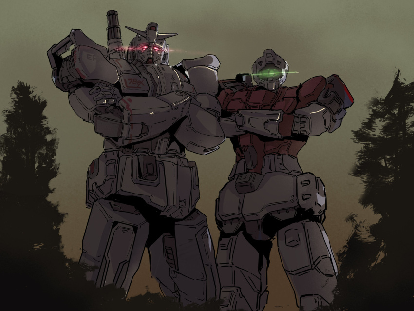 absurdres, assault_visor, commentary_request, crossed_arms, earth_federation, glowing, glowing_eyes, gm_command