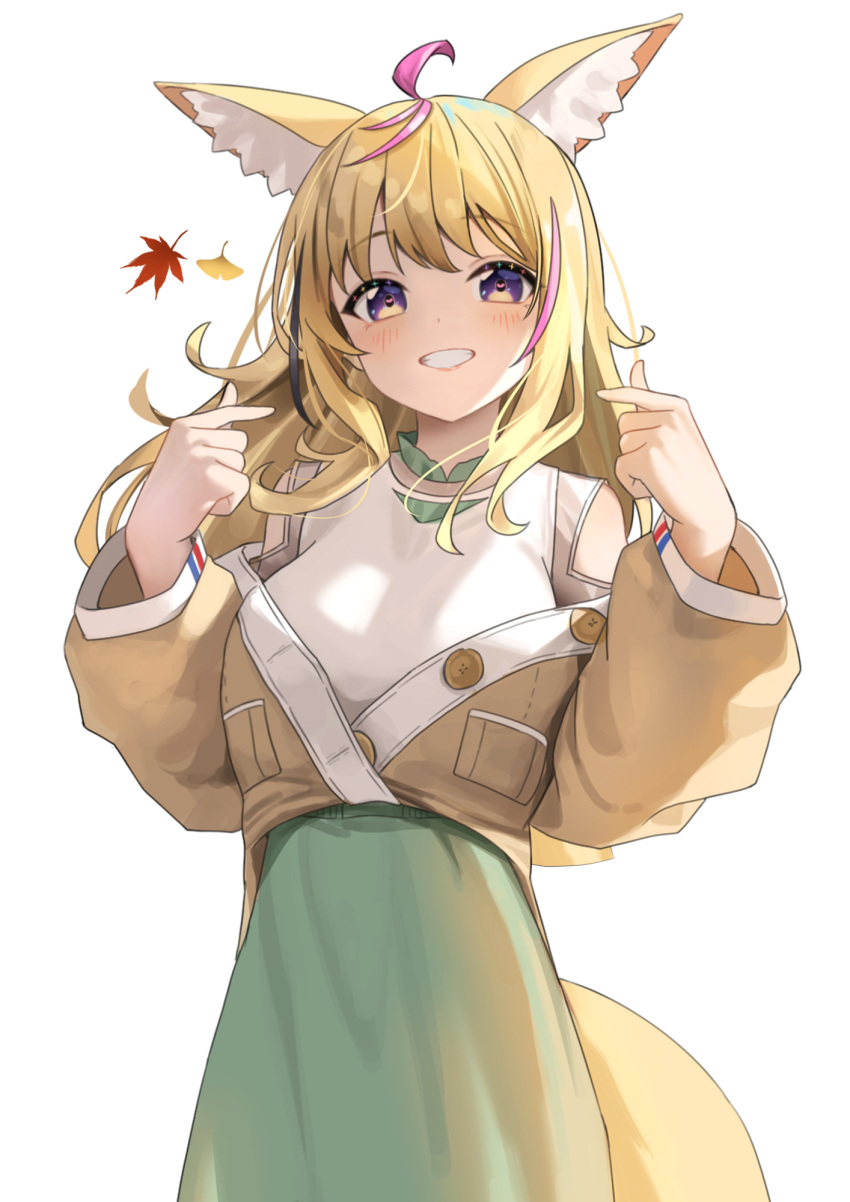 1girl, ahoge, animal_ear_fluff, animal_ears, black_hair, blonde_hair, blouse, blush, brown_jacket, clothing_cutout, commentary_request, double_finger_heart, extra_ears, finger_heart, fox_ears, fox_girl, fox_tail, green_skirt, grin, hands_up, heart, heart-shaped_pupils, highres, hololive, jacket, katuko_deluxe, light_blush, long_hair, long_skirt, long_sleeves, looking_at_viewer, multicolored_hair, official_alternate_costume, official_alternate_hairstyle, omaru_polka, omaru_polka_(street_casual), pink_hair, puffy_long_sleeves, puffy_sleeves, shirt, shoulder_cutout, sidelocks, simple_background, skirt, smile, solo, standing, streaked_hair, symbol-shaped_pupils, tail, violet_eyes, virtual_youtuber, white_background, white_shirt
