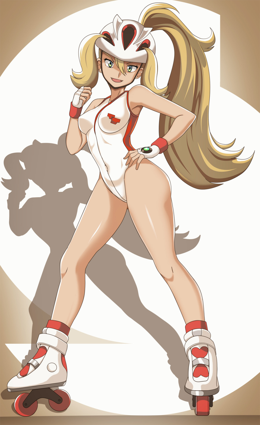 1girl, absurdres, breasts, full_body, gloves, green_eyes, hand_on_own_hip, helmet