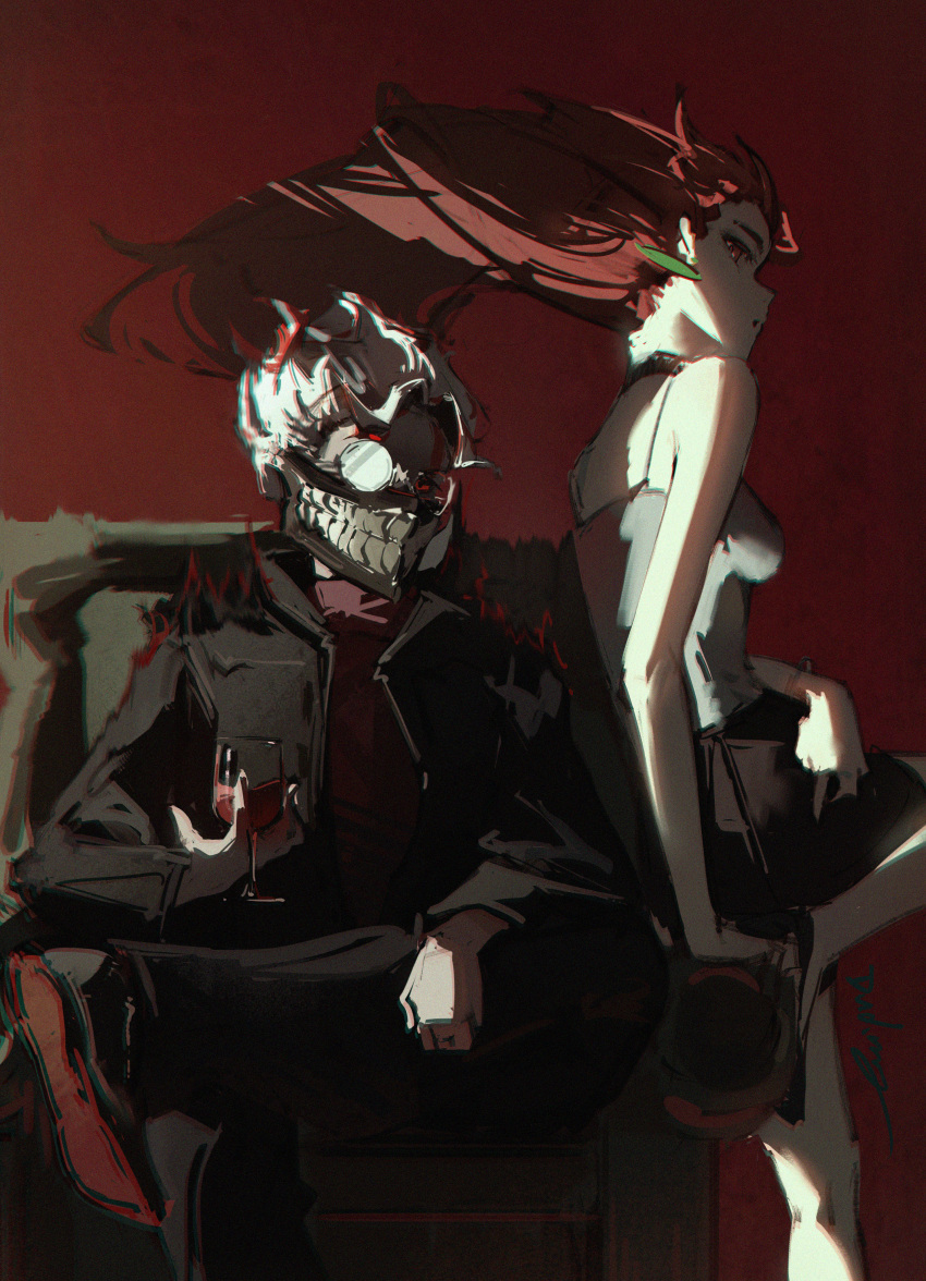 absurdres, alcohol, ayase_momo, black_footwear, black_jacket, black_pants, brown_hair, couple, crossed_legs, dandadan, dudrinm, facial_mark, glass, glasses, highres, jacket, mask, mouth_mask, pants, red_eyes, red_shirt, shirt, sitting, takakura_ken_(dandadan), tall_hair, white_hair, wine