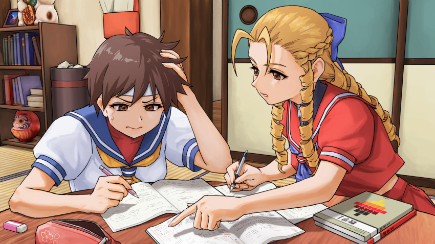 2girls, antenna_hair, blonde_hair, blue_bow, blue_neckerchief, blue_sailor_collar, book, bookshelf