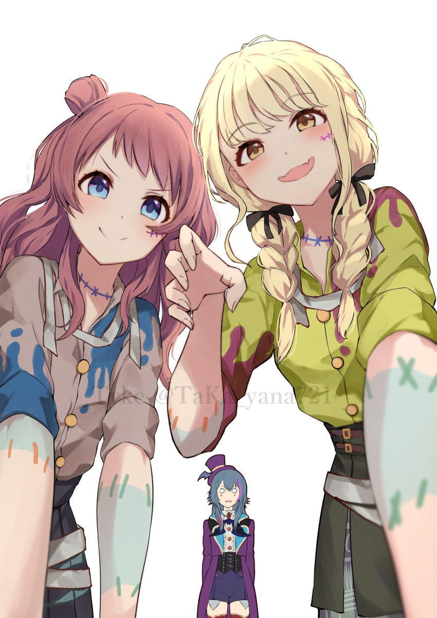 3girls, blonde_hair, blush, brown_hair, brown_shirt, claw_pose, coat, commentary