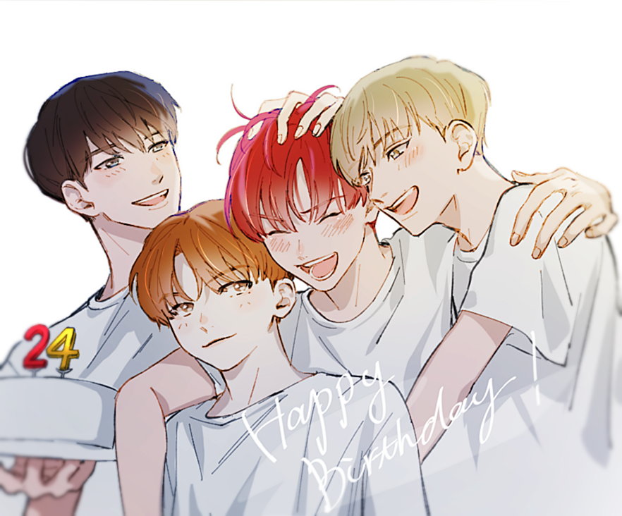 4boys, ^_^, birthday_cake, blonde_hair, blush, brown_hair, cake, closed_eyes