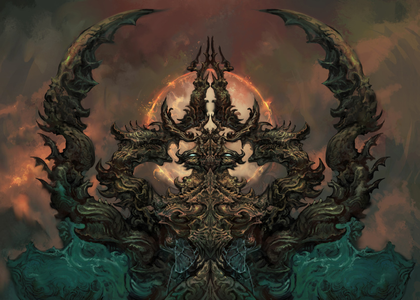 animal_focus, bug, carpet_crawler, commentary, english_text, glowing, glowing_eyes, inscryption, mantis_god, no_humans, official_art, praying_mantis, solo
