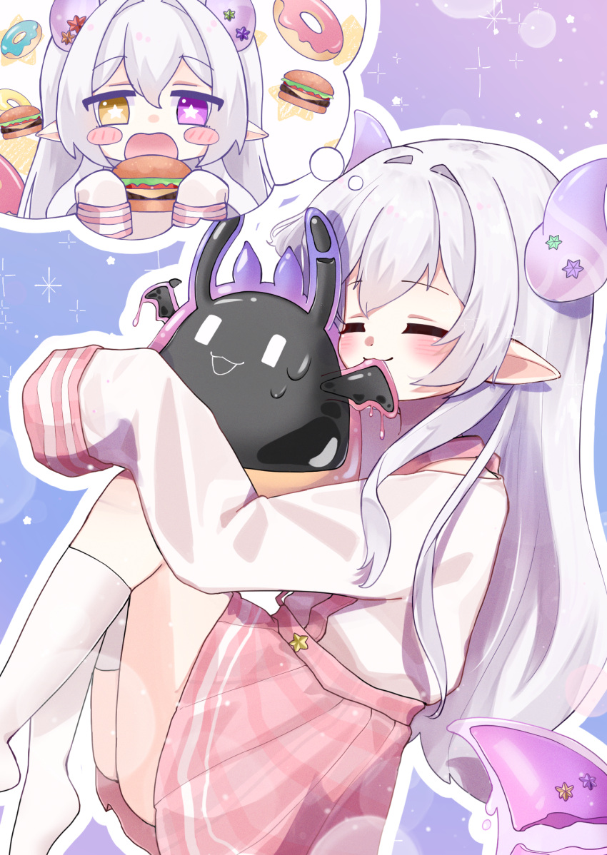 1girl, :3, animal, antennae, ass, asymmetrical_legwear, biting, blush, burger, candy, chibi, creature, doughnut, dragon_girl, dragon_tail, dreaming, eating, fetal_position, heterochromia, horns, indie_virtual_youtuber, kanzuki_tsunane, long_hair, mascot, momotan, nomo_(momotan), oversized_clothes, pink_eyes, pointy_ears, purple_background, school_uniform, seifuku, silver_hair, sleeping, sleeves_past_fingers, slime_(creature), solo, stars, suspender_skirt, suspenders, sweatdrop, symbol-shaped_pupils, tail, thighhighs, thought_bubble, virtual_youtuber, white_hair, white_pupils, wings, yellow_eyes