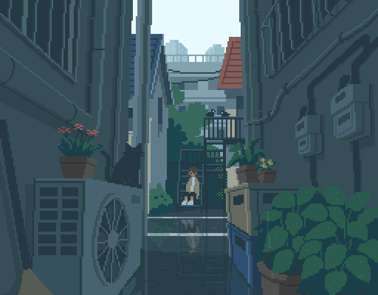 1boy, 1girl, air_conditioner, alley, animated, animated_gif, barred_window, bicycle