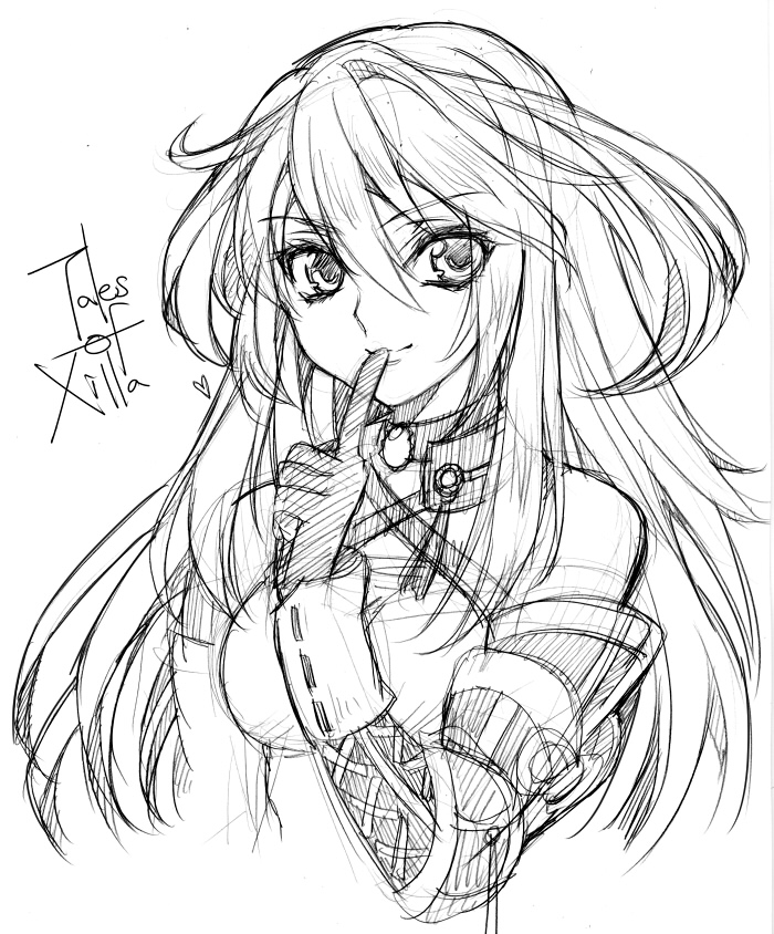 creayus, face, finger_to_mouth, gloves, heart, milla_maxwell, mira_maxwell, monochrome