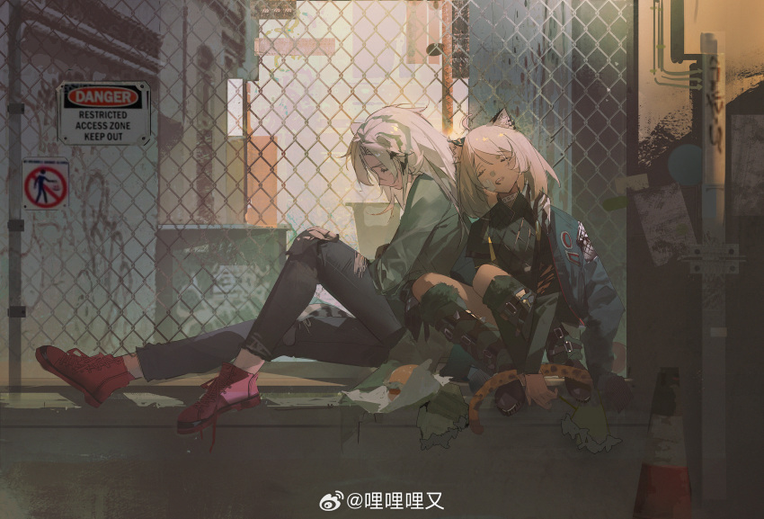 ahoge, animal_ears, arknights, black_footwear, black_shirt, chain-link_fence, character_request, closed_eyes