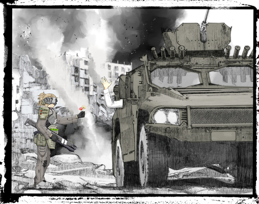 1girl, 1other, armor, blonde_hair, building, car, city, closed_mouth