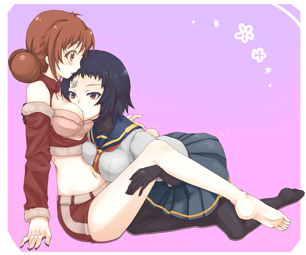 bandaid, barefoot, black_legwear, black_pantyhose, blue_hair, brown_eyes, brown_hair, gloves