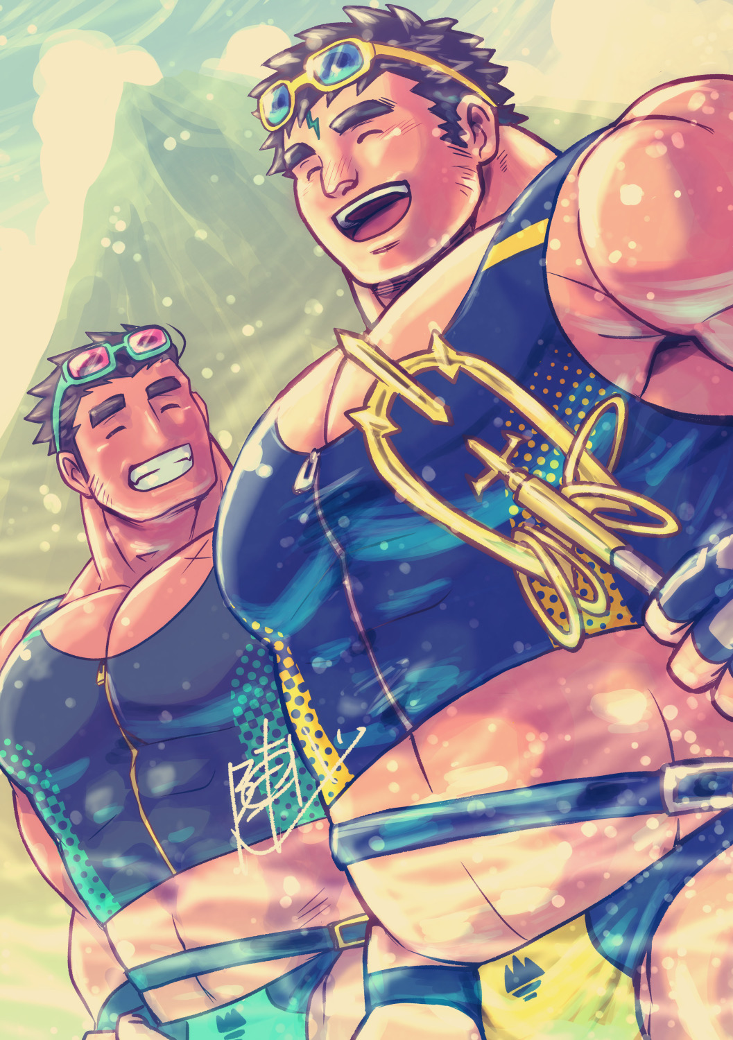 2boys, couple, highres, mature_male, multiple_boys, muscular, muscular_male, nipples