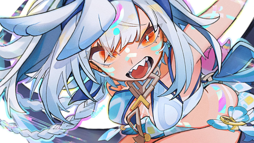 1girl, aqua_headband, bare_shoulders, blue_hair, blue_hairband, blue_headband, blush, body_markings
