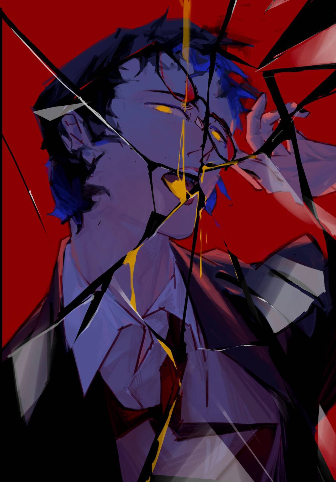 1boy, adachi_tooru, arm_up, black-framed_eyewear, black_jacket, broken_glass, brown_hair, collared_shirt, commentary, glass, glasses, hashtag-only_commentary, highres, jacket, looking_at_viewer, male_focus, open_mouth, persona, persona_4, red_background, shirt, short_hair, solo, teeth, tong12736, upper_body, upper_teeth_only, white_shirt, yellow_eyes