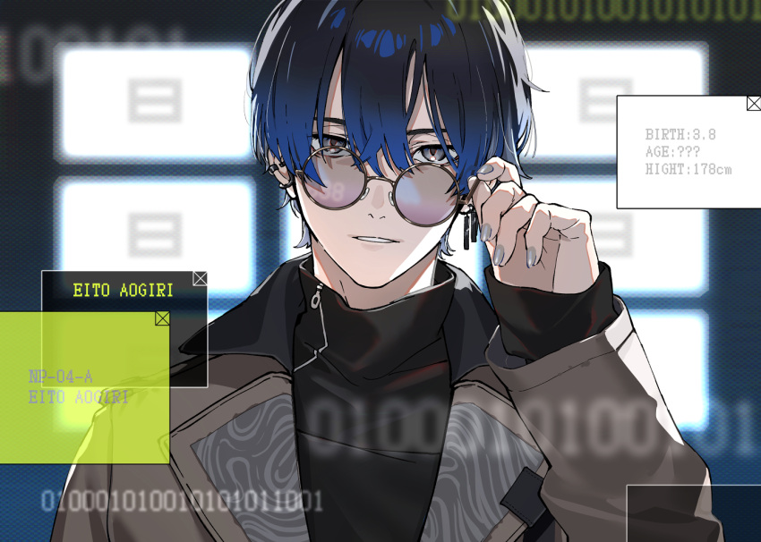 1boy, adjusting_eyewear, aogiri_eito, arisaka_ako, black_shirt, blue_hair, blurry, blurry_background, character_profile, earrings, grey_eyes, grey_jacket, grey_nails, hand_up, jacket, jewelry, long_sleeves, looking_at_viewer, nail_polish, neo-porte, parted_lips, round_eyewear, shirt, short_hair, sleeves_past_wrists, solo, tinted_eyewear, turtleneck, turtleneck_shirt, upper_body, virtual_youtuber