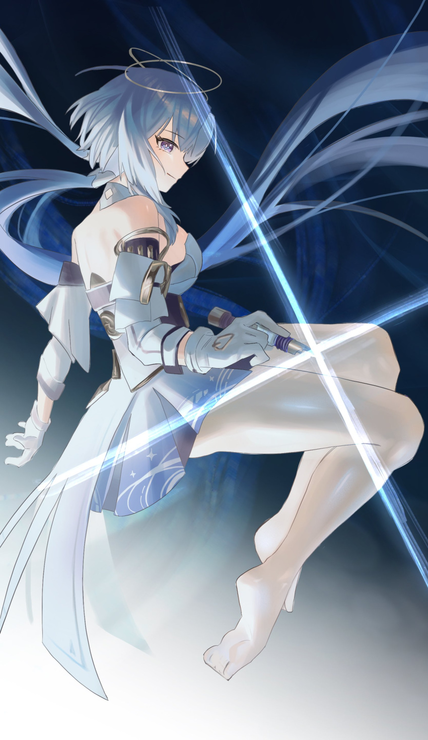 1girl, absurdres, bare_shoulders, barefoot, blue_hair, breasts, commentary_request, detached_sleeves