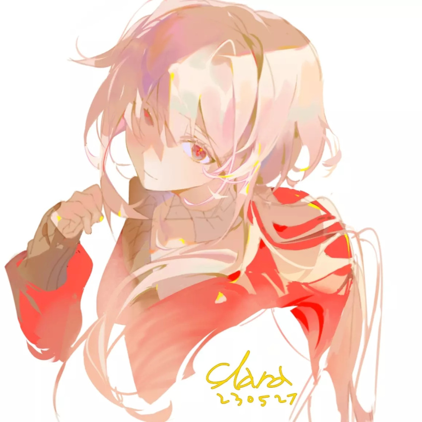 1girl, black_sweater, blonde_hair, brown_eyes, character_name, clara_(honkai:_star_rail), closed_mouth, collar, commentary, dated, detached_collar, english_commentary, gradient_eyes, hair_between_eyes, hair_flowing_over, hair_intakes, hand_up, hegong, honkai:_star_rail, honkai_(series), hood, hood_down, hooded_jacket, jacket, layered_sleeves, light_smile, long_hair, long_sleeves, multicolored_eyes, off-shoulder_sweater, off_shoulder, partially_colored, ponytail, red_eyes, red_jacket, simple_background, sleeves_past_wrists, solo, sweater, upper_body, white_background, white_collar