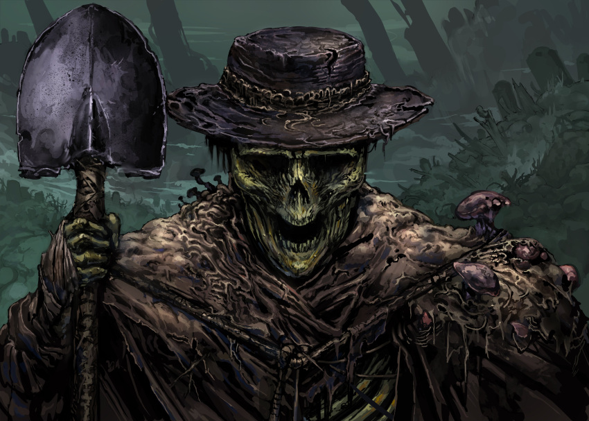 1boy, absurdres, carpet_crawler, commentary, english_commentary, gravedigger, gravedigger_(inscryption), hat, highres, holding, holding_shovel, inscryption, looking_at_viewer, male_focus, mushroom, official_art, open_mouth, outdoors, shovel, skeleton, solo, tombstone, undead, upper_body