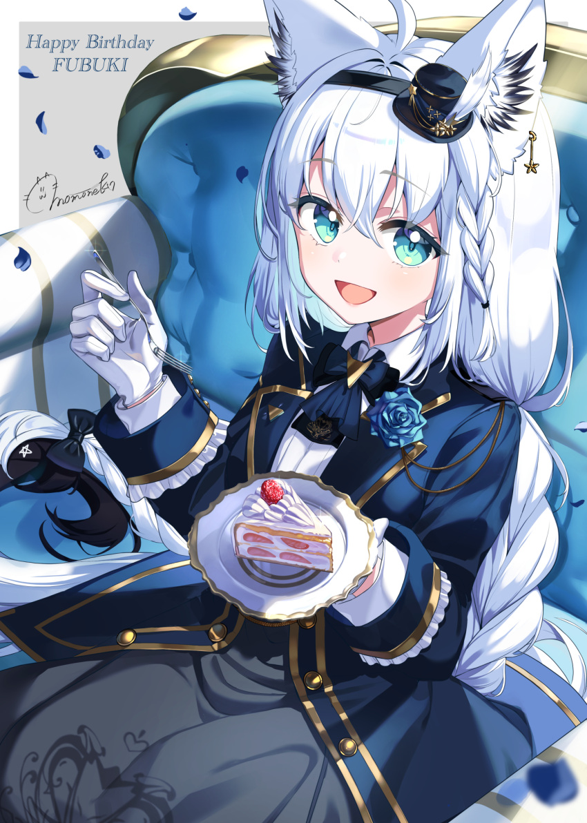 1girl, ahoge, animal_ear_fluff, animal_ear_piercing, animal_ears, aqua_eyes, ascot, blue_bow, blue_bowtie, blue_flower, blue_hat, blue_jacket, blue_rose, bow, bowtie, braid, braided_ponytail, cake, cake_slice, collared_shirt, commentary_request, couch, double-parted_bangs, earrings, flower, food, fork, fox_ears, fox_girl, fox_tail, gold_trim, grey_skirt, hair_between_eyes, hair_bow, happy_birthday, hat, highres, holding, holding_fork, holding_plate, hololive, jacket, jewelry, lapels, long_hair, mini_hat, mini_top_hat, momone_cco, notched_lapels, official_alternate_costume, official_alternate_hairstyle, on_couch, open_clothes, open_jacket, pentagram, plate, rose, shirakami_fubuki, shirakami_fubuki_(aristocrat_kei), shirt, side_braid, single_braid, sitting, skirt, solo, star_(symbol), star_earrings, strawberry_shortcake, tail, tilted_headwear, top_hat, very_long_hair, virtual_youtuber, white_background, white_hair, white_shirt