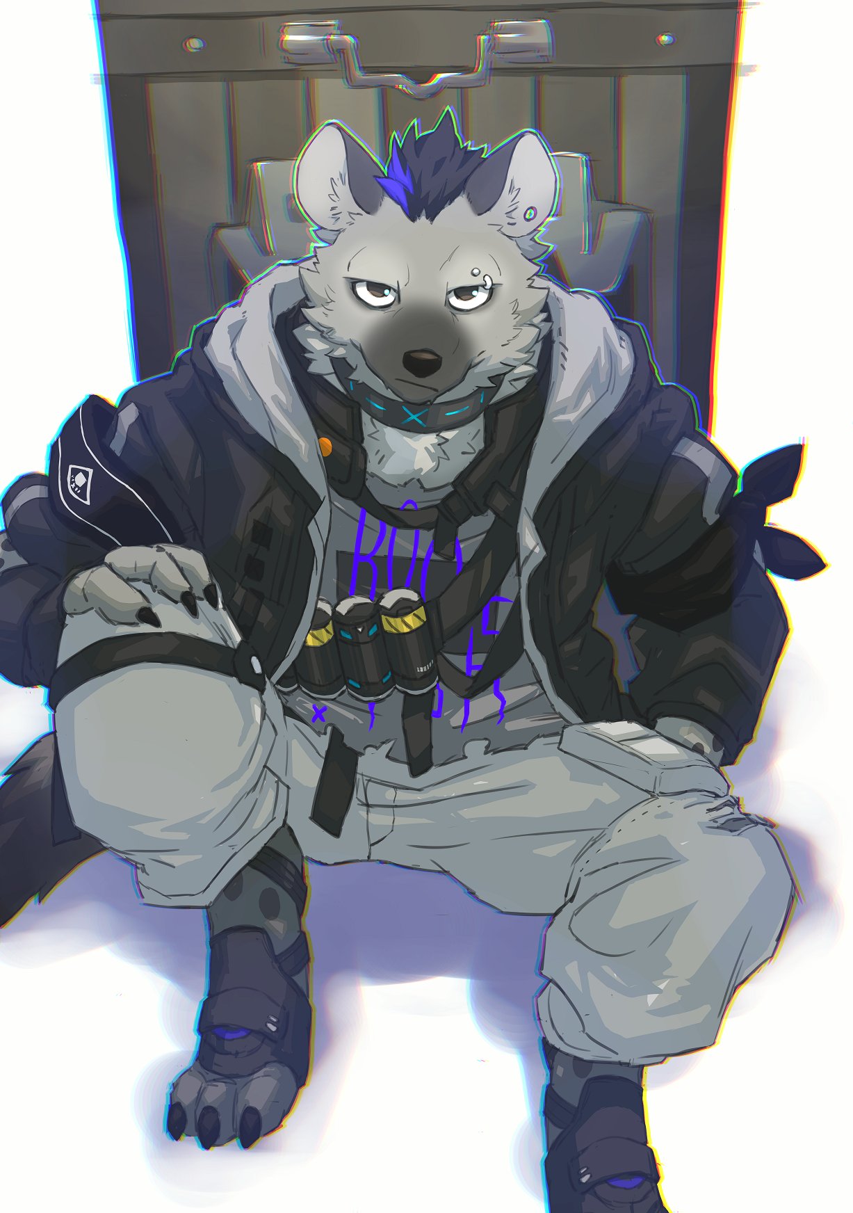1boy, arknights, armband, black_jacket, claws, collar, ear_piercing, eyebrow_piercing