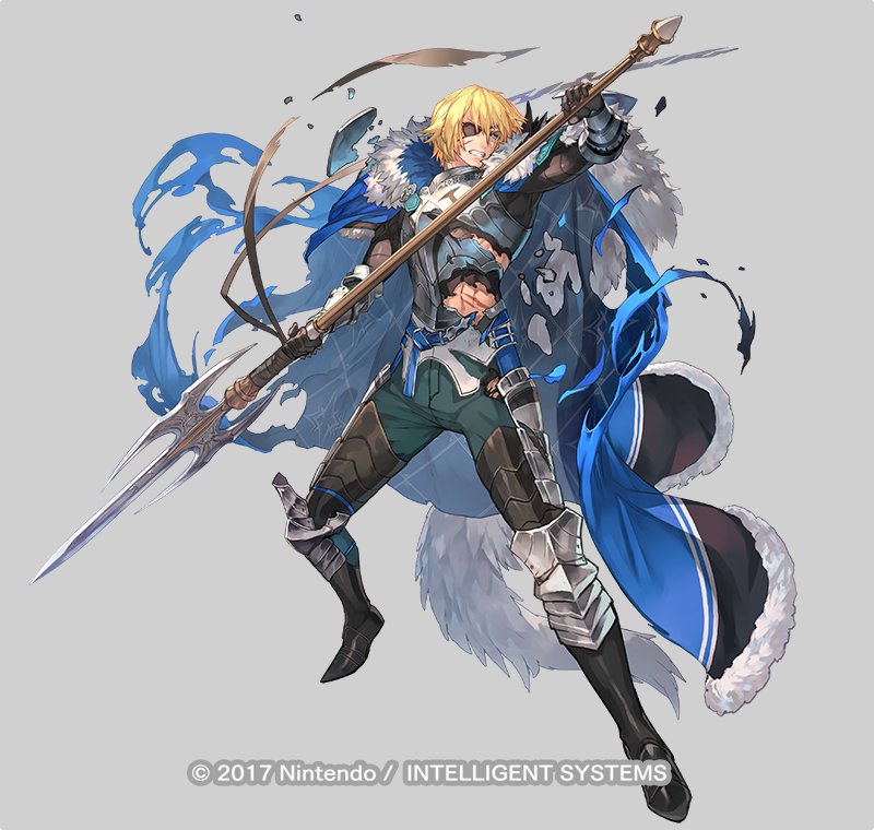 1boy, armor, blonde_hair, blue_eyes, broken_arm, cape, clenched_teeth, commentary_request, company_name, dimitri_alexandre_blaiddyd, eyepatch, fire_emblem, fire_emblem:_three_houses, fire_emblem_heroes, full_body, fur-trimmed_cape, fur_trim, gradivus, grey_background, holding, holding_polearm, holding_weapon, lack, male_focus, official_alternate_costume, official_art, polearm, simple_background, solo, teeth, torn_cape, torn_clothes, weapon