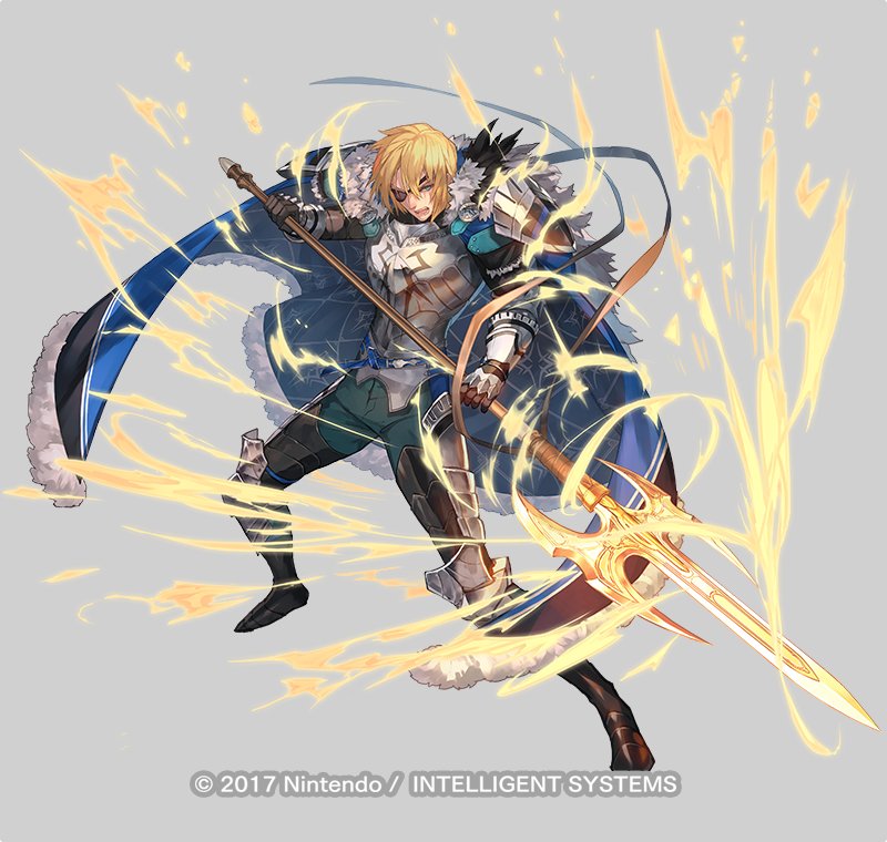 1boy, armor, blonde_hair, blue_eyes, cape, commentary_request, company_name, dimitri_alexandre_blaiddyd