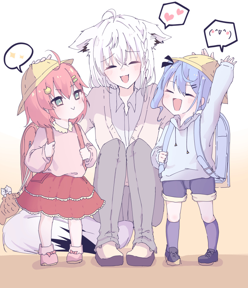 35p_(sakura_miko), 3girls, 6n0_w, absurdres, aged_down, alternate_costume, animal_ears, backpack