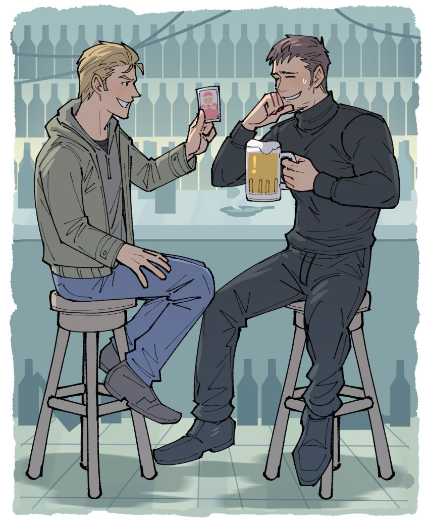 2boys, alcohol, arm_up, bar_(place), bar_stool, beer, black_footwear, black_pants