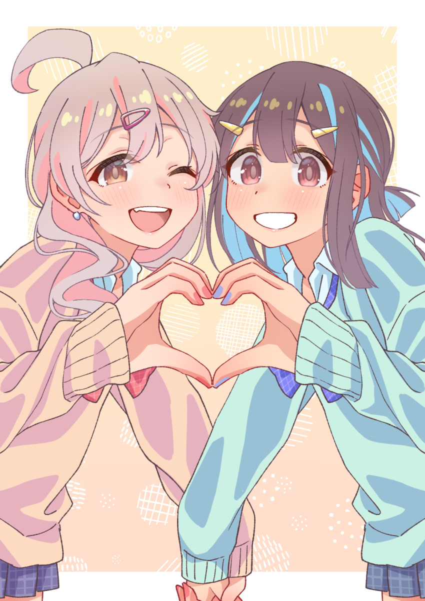 2girls, ;d, ahoge, blue_bow, blue_bowtie, blue_hair, blue_skirt, bow