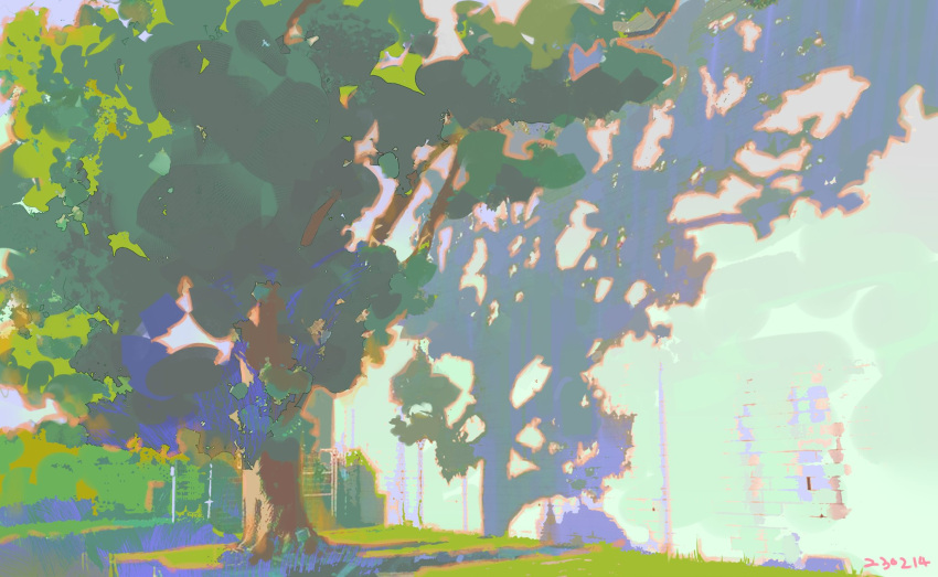 blue_sky, dated, day, fence, grass, hegong, highres, light_particles