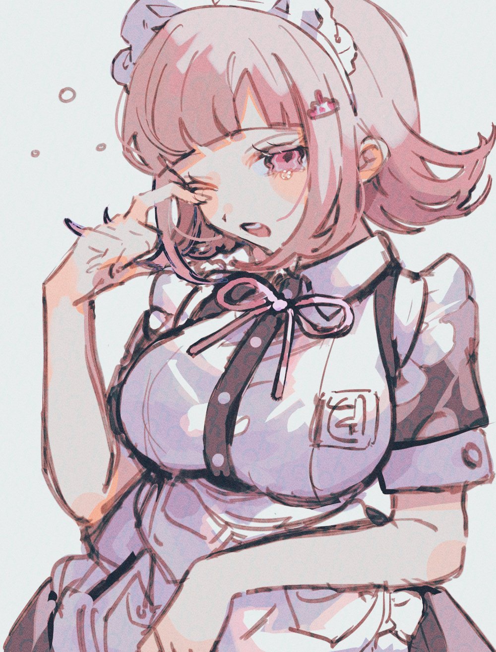 1girl, ;o, alternate_costume, apron, blush, breasts, buttons, cowboy_shot