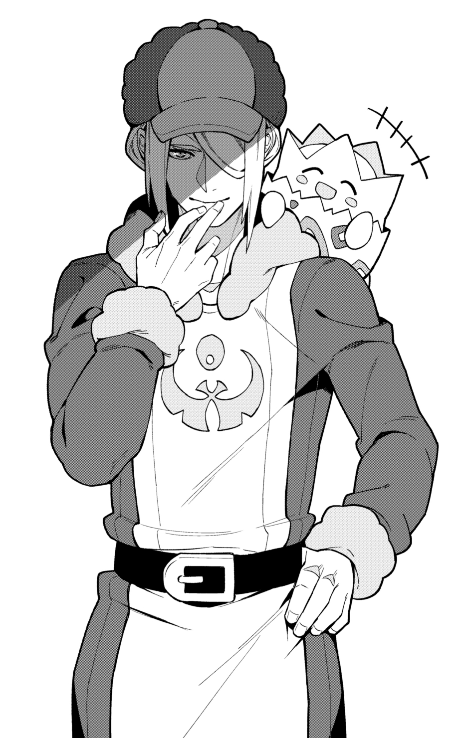 +++, 1boy, ^_^, arm_up, belt, belt_buckle, blush, buckle