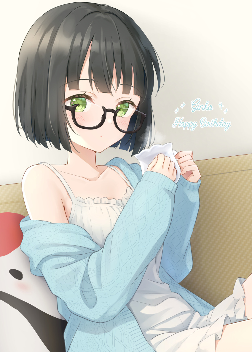 1girl, absurdres, armpit_crease, bespectacled, black_hair, blue_cardigan, blunt_bangs, blunt_ends