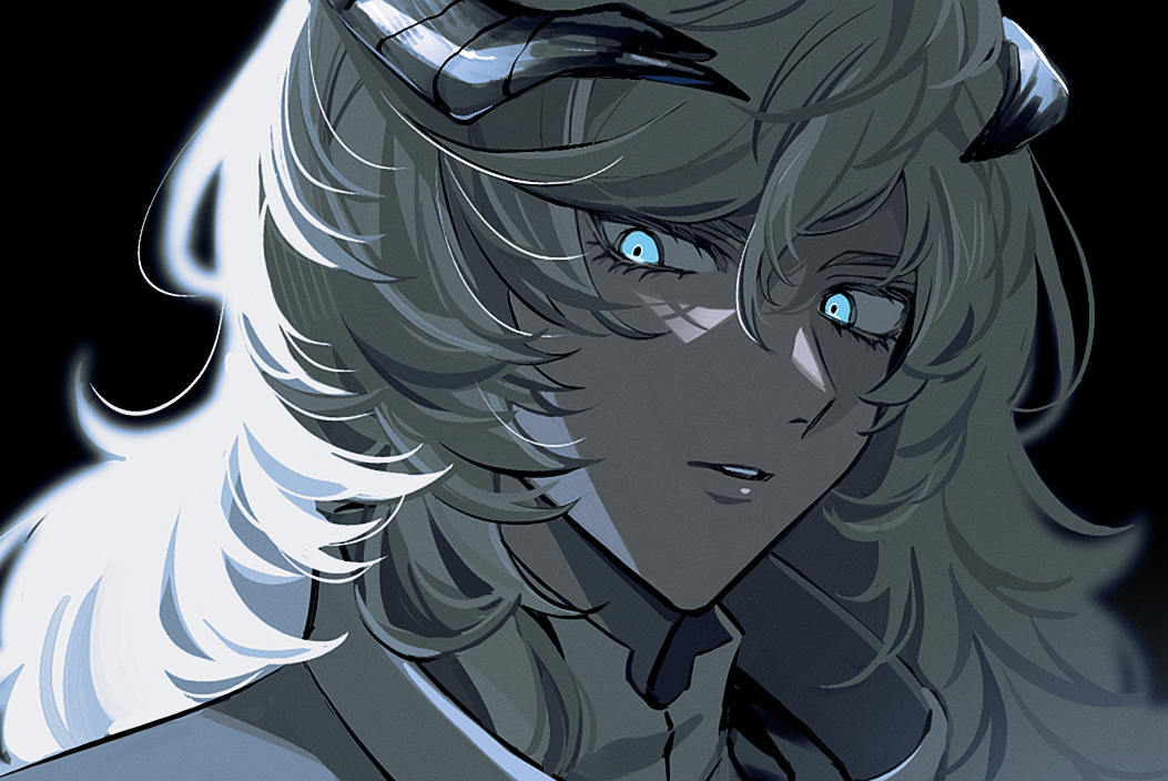 1boy, black_background, blonde_hair, blue_eyes, collared_shirt, commentary_request, hair_between_eyes, horns, long_hair, looking_to_the_side, louis_(metaphor:_refantazio), male_focus, metaphor:_refantazio, parted_lips, pswlv05, shaded_face, shirt, simple_background, solo, swept_bangs, upper_body, wavy_hair, white_shirt