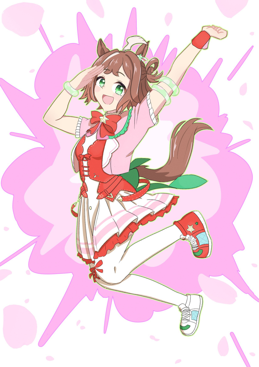 1girl, ahoge, animal_ears, arm_up, blush, breasts, commentary_request, full_body, green_eyes, hair_ornament, highres, horse_ears, horse_girl, looking_at_viewer, medium_breasts, medium_hair, onimarubf, open_mouth, rhein_kraft_(umamusume), salute, shoes, simple_background, solo, thigh-highs, umamusume, white_background