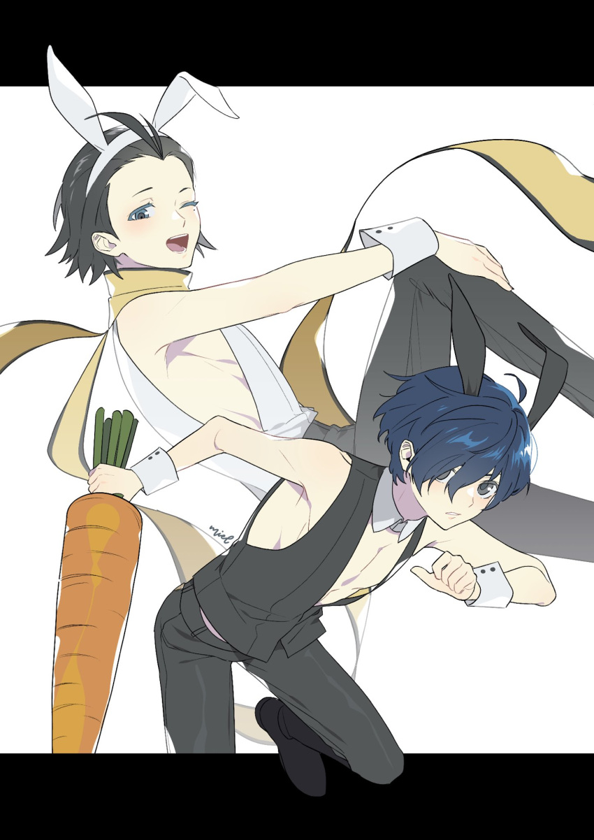 2boys, animal_ear_hairband, animal_ears, bare_shoulders, black_footwear, black_hair, black_pants, blue_hair