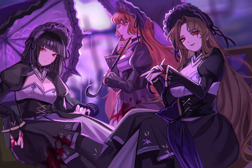 3girls, black_corset, black_shrug, blood, blood_on_clothes, blood_on_hands, brown_hair, corset