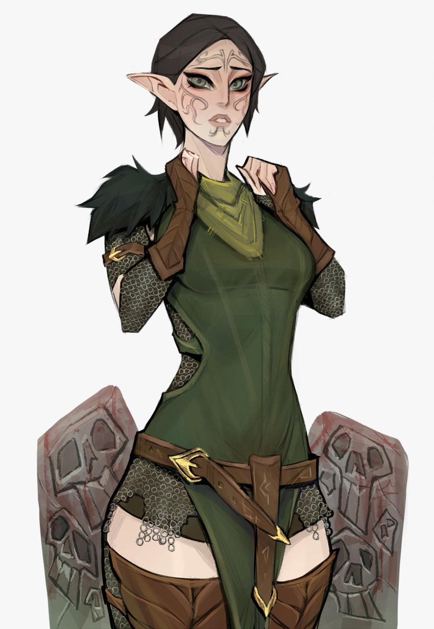 1girl, black_hair, breasts, dragon_age, dragon_age_2, elf, facepaint, fingerless_gloves
