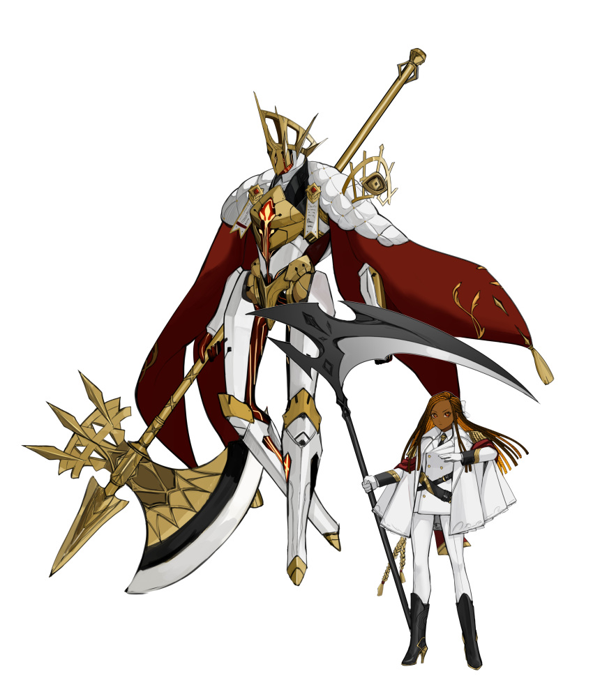 1girl, absurdres, adramelekh_(kyou), armor, axe, boots, brown_hair, cape, colored_inner_hair, dark-skinned_female, dark_skin, epaulettes, fringe_trim, gloves, high_heel_boots, high_heels, highres, holding, holding_axe, holding_scythe, jacket, kyou_(iuciferic), long_hair, metaphor:_refantazio, military_uniform, multicolored_hair, necktie, orange_hair, pants, red_eyes, scythe, two-tone_hair, white_background, white_gloves, white_jacket, white_pants
