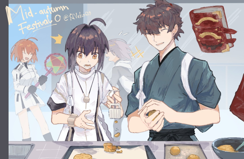1boy, 1other, 2girls, androgynous, black_hair, braid, brown_hair, cooking, fate/grand_order, fate/samurai_remnant, fate_(series), fujimaru_ritsuka_(female), highres, japanese_clothes, kneko630, mash_kyrielight, miyamoto_iori_(fate), multiple_girls, sidelocks, single_braid, topknot, yamato_takeru_(fate)
