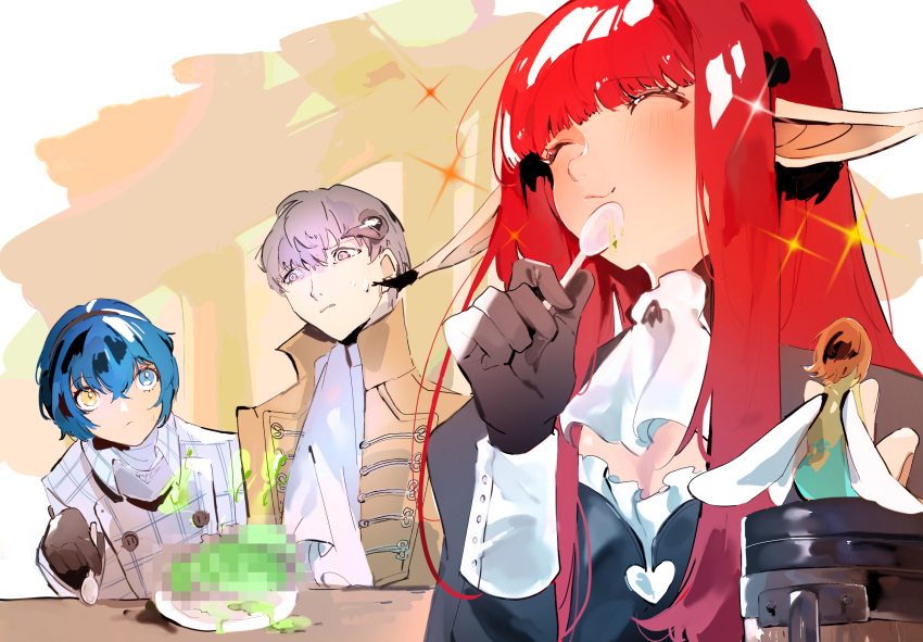 2boys, 2girls, :/, ascot, bare_shoulders, black_coat, blue_hair, blunt_bangs