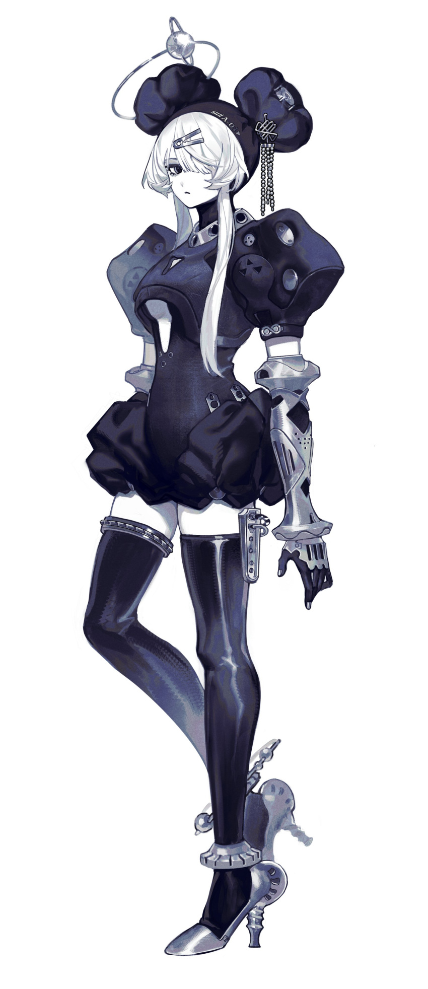 1girl, absurdres, black_dress, black_eyes, breasts, colored_skin, dress, full_body, gauntlets, hair_ornament, hair_over_one_eye, hairclip, haiyahaiyohai, high_heels, highres, juliet_sleeves, long_sleeves, looking_at_viewer, medium_breasts, original, puffy_sleeves, solo, standing, thigh-highs, white_background, white_hair, white_skin, wimple