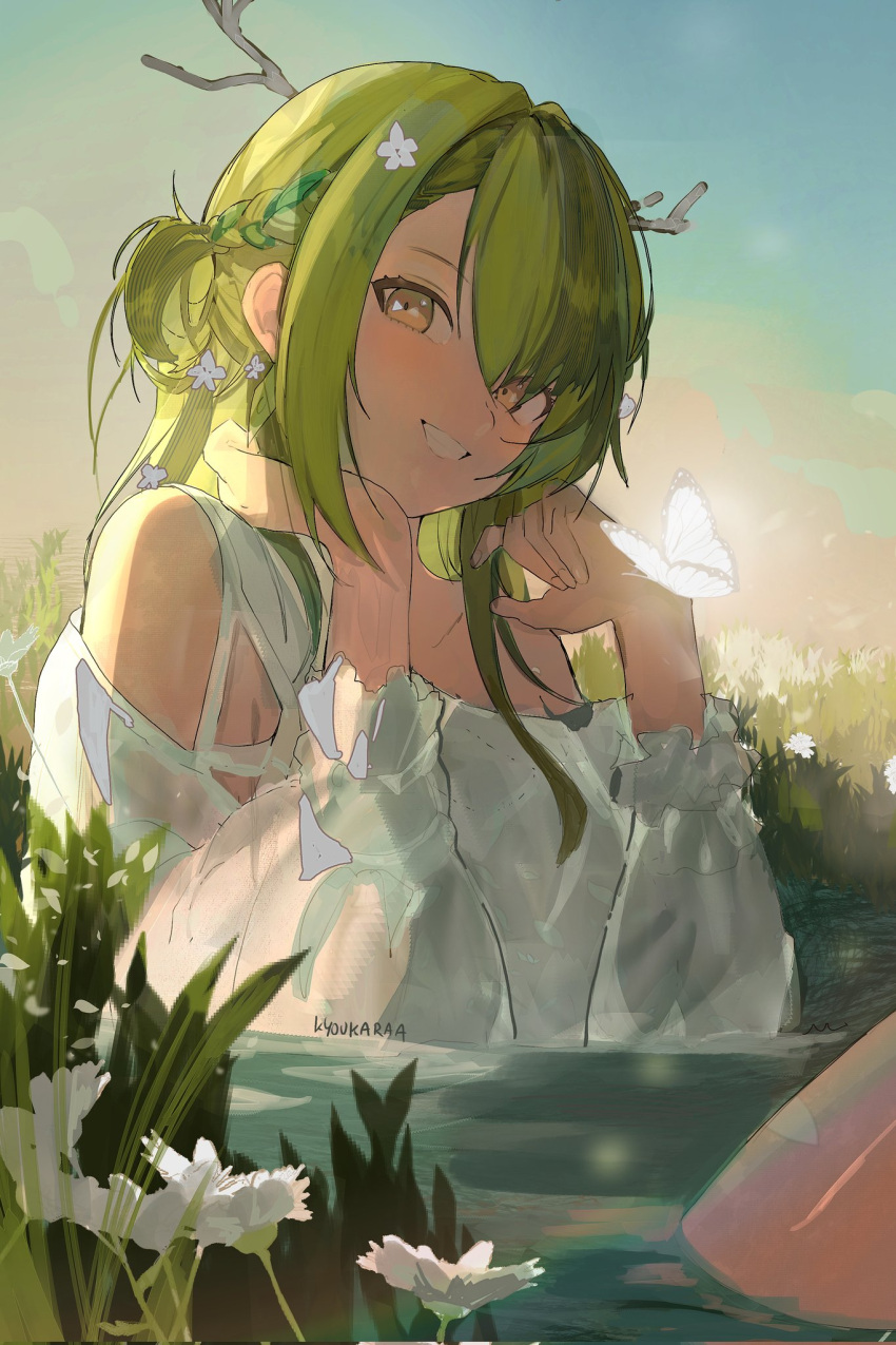 1girl, antlers, braid, braided_bangs, bug, butterfly, ceres_fauna, flower