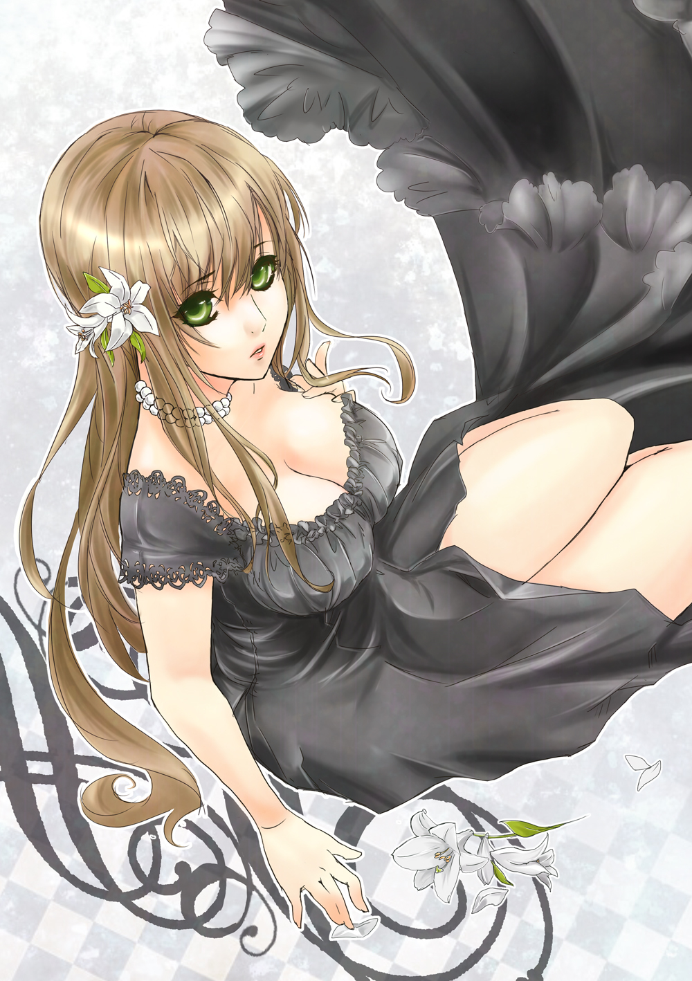 black_dress, breasts, brown_hair, cleavage, dress, flower, green_eyes, hair_flower, hair_ornament, highres, hungary_(hetalia), jewelry, lipstick, long_hair, makeup, necklace, pearl, pink_lipstick, pokopoko_pon, sitting, solo