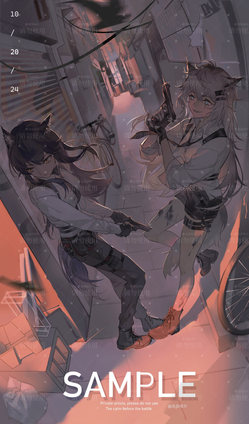 2girls, absurdres, alley, animal_ears, arknights, belt, belt_buckle, bicycle