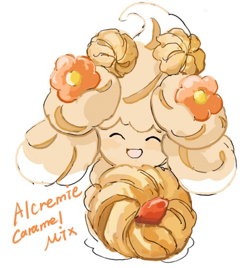 1girl, :d, alcremie, alcremie_(caramel_swirl), alcremie_(flower_sweet), cc8nw42u15apug0, character_name, closed_eyes