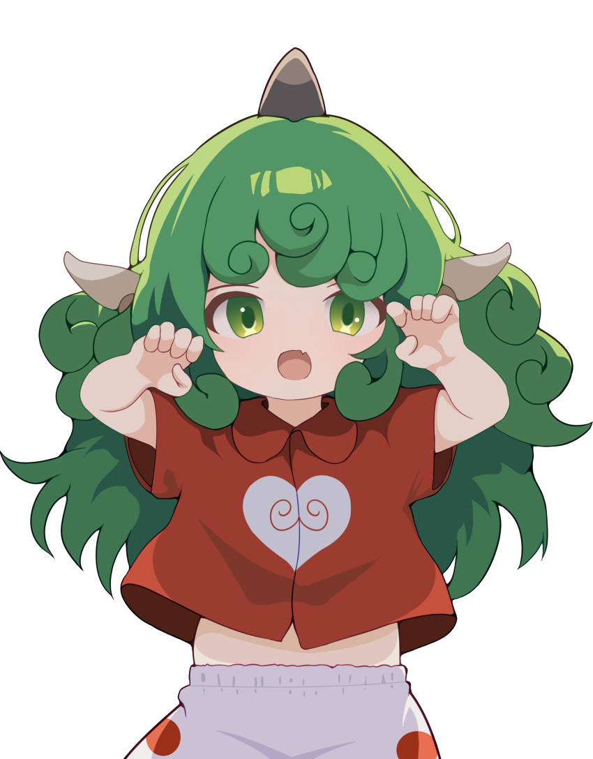 1girl, absurdres, claw_pose, collared_shirt, commentary, cowboy_shot, curly_bangs, curly_hair