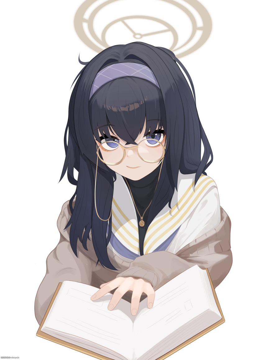 1girl, absurdres, black_hair, blue_archive, blue_eyes, cardigan, grey_background, grey_cardigan, hair_intakes, hairband, highres, jewelry, miaopa2s, necklace, purple_hairband, simple_background, solo, turtleneck, ui_(blue_archive), white_background