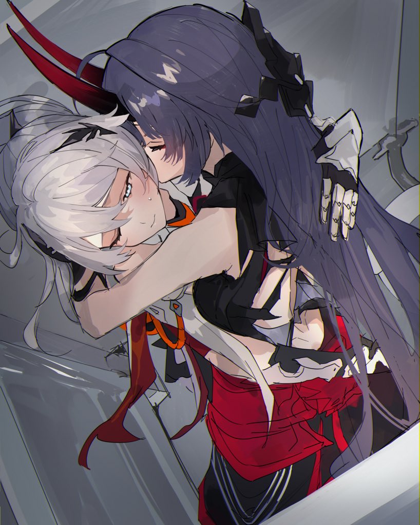 2girls, arm_around_neck, bathroom, blue_eyes, closed_mouth, commentary, demon_horns, from_above