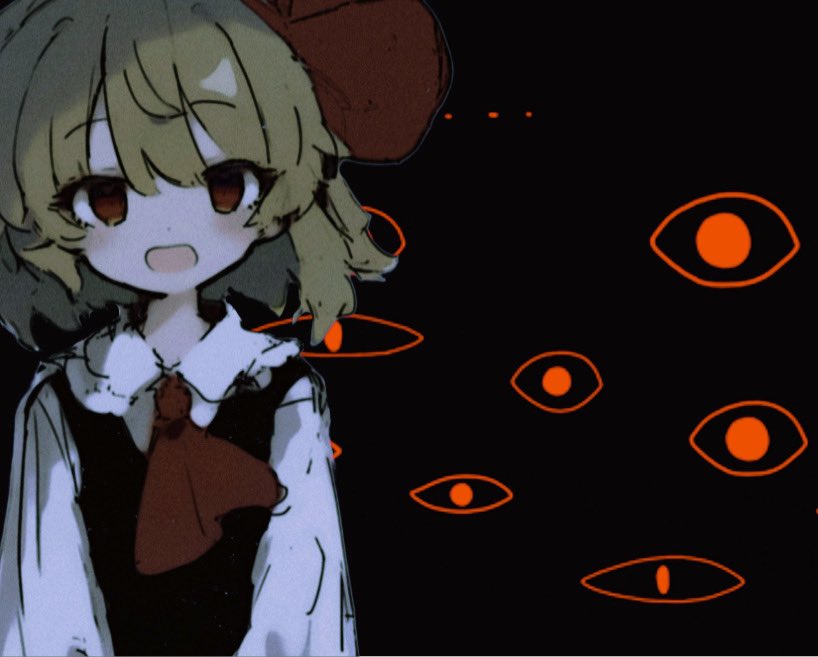 ascot, black_background, black_vest, blonde_hair, collared_shirt, darkness, hair_ribbon, hemophobia, horror_(theme), red_ascot, red_eyes, red_ribbon, ribbon, rumia, shirt, short_hair, smile, too_many_eyes, touhou, vest, white_shirt